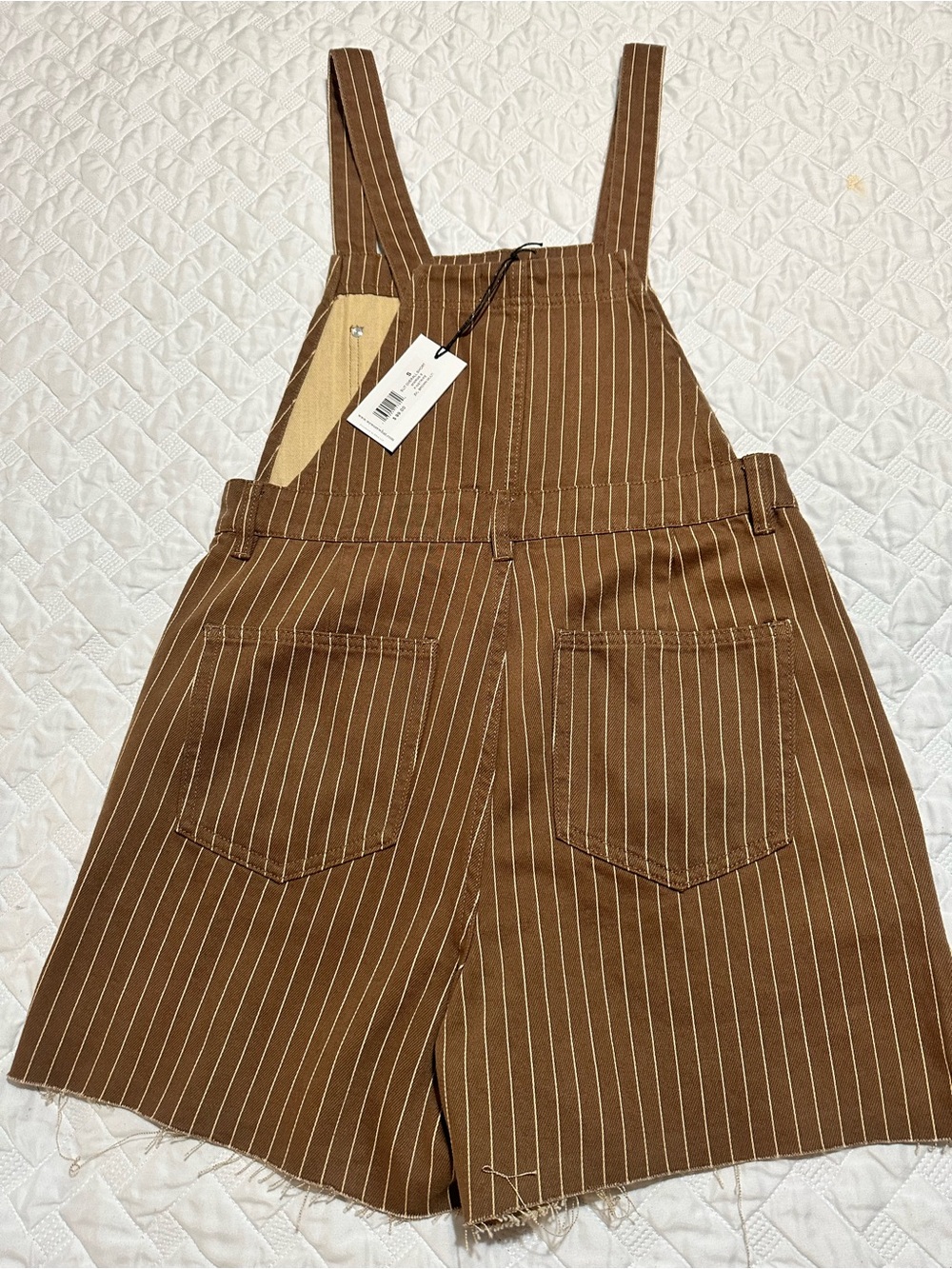 NWT SZ SMALL WeWoreWhat Brown Pinstripe Short Overalls Romper